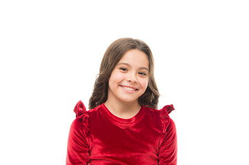 Smile on. Happy kid isolated on white. Little girl with adorable smile. Small child with white healthy smile on beautiful face. Dental care. Keep smiling. Always smile