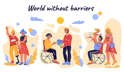 People with disability supporting and social connection banner or poster with invalid handicapped persons living usual life, creating relations and family. flat cartoon vector illustration isolated. - obrazy, fototapety, plakaty