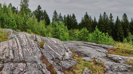 Panorama of the city from a height.Panoramic view of the city of Sortavala from a hill in a city park: a forest of conifers, traces of volcanic lava, rocks and volcanic rocks. Russia, Karelia