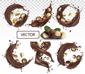 Chocolate splash with nuts macadamia. Dark chocolate-nuts paste. Cocoa. Chocolate dessert. Collection 3D realistic chocolate spray. Vector illustration.