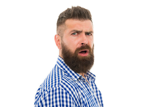 Have some doubts. Hipster bearded face not sure in something. Doubtful bearded man on white background close up. Doubtful expression. Wait what. Man serious face raising eyebrow not confident