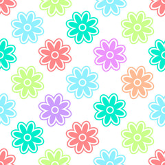 Fototapeta na wymiar Bright colorful multicolored flowers isolated on white background. Seamless pattern. Vector graphic illustration. Texture.