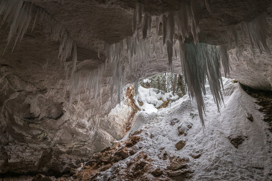 Karst caves in winter. Arkhangelsk region, Russia