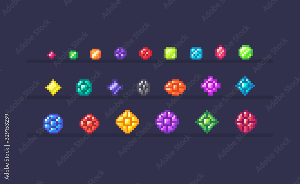 Poster pixel art set of magic crystals different forms and sizes.