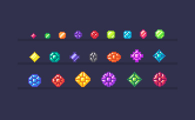 Pixel art set of magic crystals different forms and sizes.