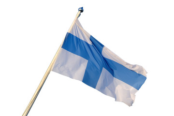 Finland national flag waving on the wind, isolated on white background. Finnish flag on flagpole,