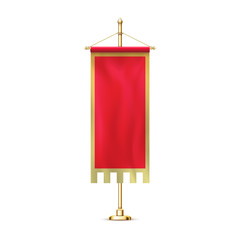 Blank red pennant flag mockup banner hanging golden rack pole realistic stylish retro illustration