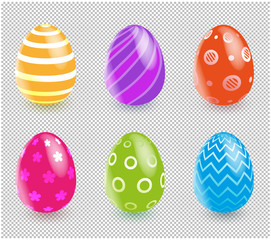 Mulsticolored Easter Eggs with shadow on transparent background. Set of multicolored eggs.
