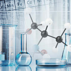 microscope with lab glassware, science laboratory research and development concept