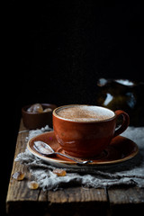 Fototapeta na wymiar Coffee cup cappuccino with cinnamon, vintage style effect picture