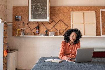 Woman working on a laptop in her picture framing shop