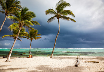 tropical  beach with palm trees and stormy sky