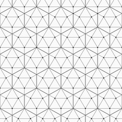 Abstract seamless pattern. Repeating geometric background with linear hexagons, triangles. Lines in triangle shapes connected by circular nodes. Monochrome vector background.