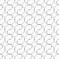 Abstract seamless pattern of connecting circles and rounded lines. Modern stylish texture. Linear style. Spiral elements. Dots in nodes. Vector monochrome background.
