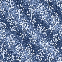 Vector Jeans background with leaves. Denim seamless pattern. Blue jeans cloth