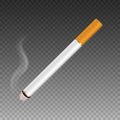 Vector 3d Realistic Clear Blank Whole Lit Cigarette with Smoke Icon Closeup Isolated on Transparent Background. Design Template. Smoke Problem Concept, Tobacco, Cigarette Mockup