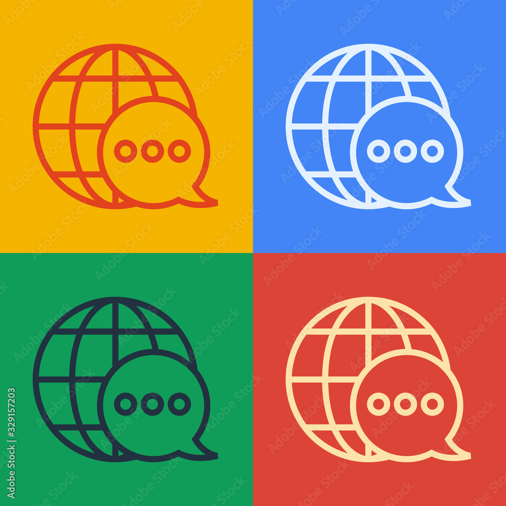 Poster pop art line world map made from speech bubble icon isolated on color background. global communicati