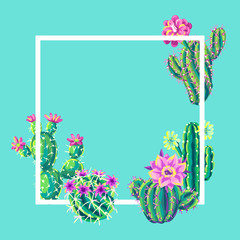 Background with cacti and flowers.