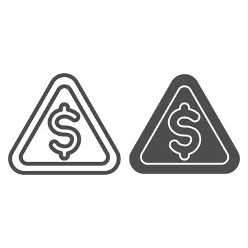 Triangular line and solid icon. Danger, warning signal with dollar symbol, outline style pictogram on white background. Money sign for mobile concept and web design. Vector graphics.