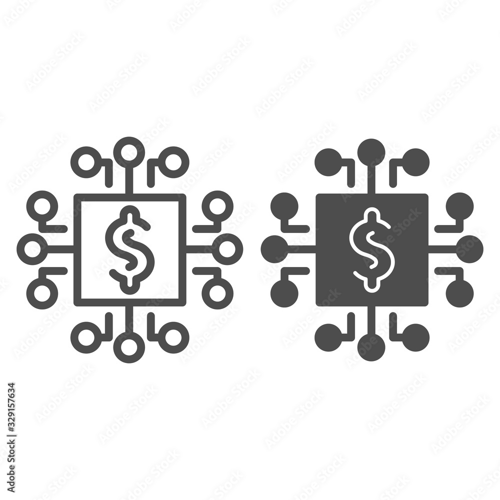 Poster microprocessor line and solid icon. processor chip with dollar symbol, outline style pictogram on wh