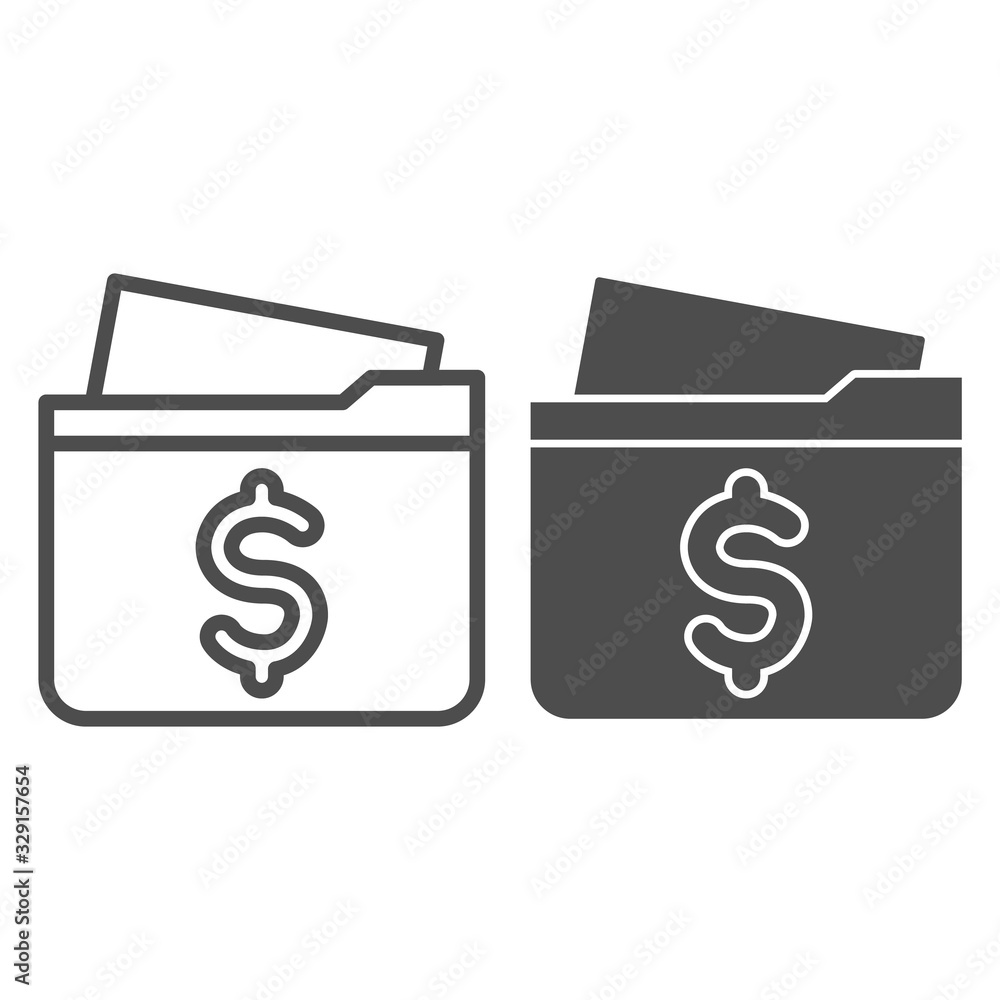 Poster folder line and solid icon. finance business secure paper, opened case with dollar symbol, outline s