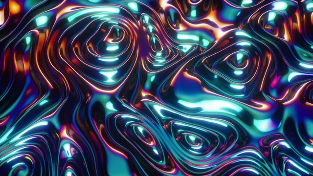 Iridescent abstract colorful background, 3d render, holographic foil, liquid petrol surface, ripples, metallic reflection, esoteric aura, psychedelic animation, seamless loop 4k.