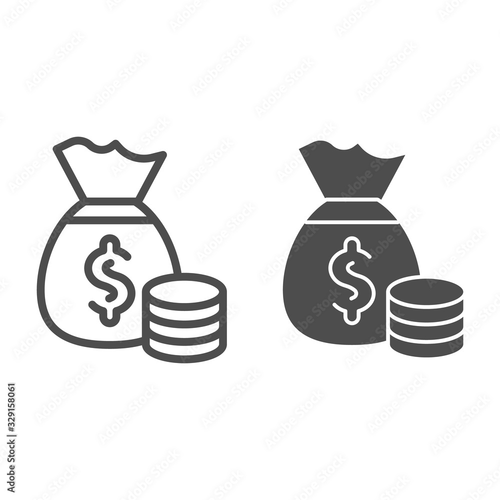 Poster savings bag and coins line and solid icon. package with dollar and coin stack symbol, outline style 