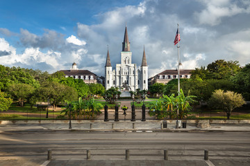 Historic St. Louis Cathedral and the statue of Andrew Jackson across Jackson Square in New Orleans...