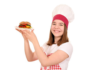 happy female cook with vegan sandwich
