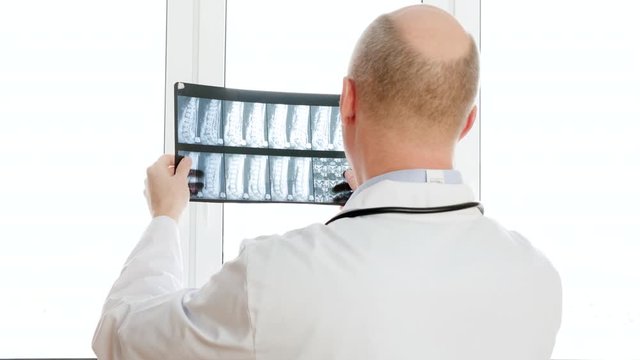 Back view of doctor holding x-ray against window. Professional medical worker inspecting backbones x-ray. Medicine concept