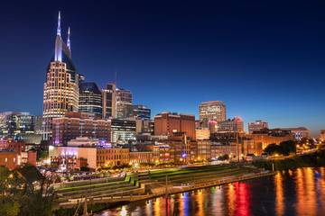 City of Nashville Tennessee at night on the Cumberland River in Tennessee USA
