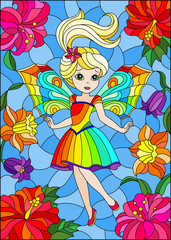 Illustration in stained glass style with cute cartoon fairy in a bright rainbow dress on the background of flowers and sky