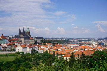 Beautiful panorama of Prague and red roofs of houses