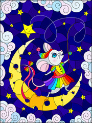 Illustration in stained glass style with a cute cartoon mouse with a fishing rod standing on the moon, against the background of the night sky with clouds and stars