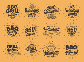 Set of vintage BBQ time emblems and stamps. BBQ season badges, stickers on beige background with rays