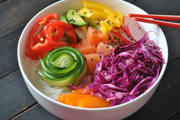 Poke bowls with fresh salmon, crystal noodles, radish, avocado, sweet pepper, cucumber, sesame seeds, red cabbage. Organic food. Fresh seafood recipe. Food concept poke bowl on wooden background