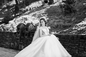 Beautiful sensual young brunette bride in long white wedding dress and veil standing on natural background. The stunning young bride is incredibly happy. Wedding day. Perfect Make up. Hairstyle