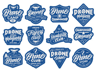 Set of Drone stickers, patches. Blue badges, emblems, stamps on white background isolated.