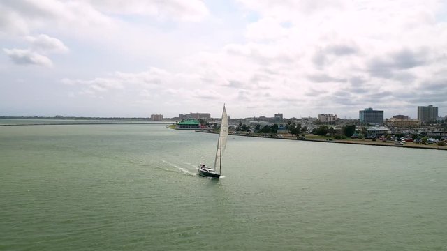 4K Drone Footage Orbit Sailboat Corpus Christi Skyline Texas Port Aransas