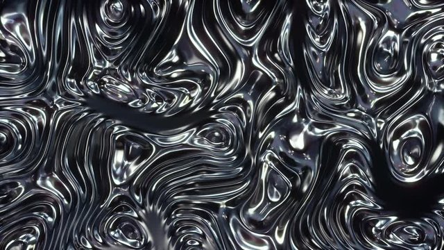 Abstract wavy background, 3d render, liquid surface, ripples, metallic reflection, psychedelic animation, seamless loop 4k, steel.