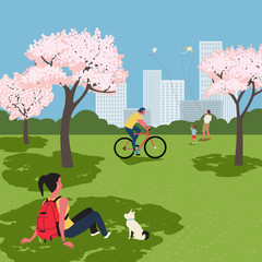 Obraz na płótnie Canvas Blooming cherry city park recreation zone vector
