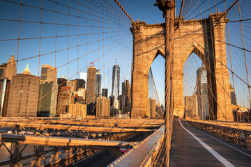 Traffic moves across the Brooklyn Bridge connecting Manhattan New York City over the East River