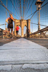 Pedestrian path over the Brooklyn Bridge connecting Manhattan New York City over the East River