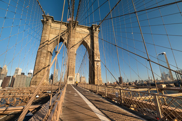 Pedestrian path over the Brooklyn Bridge connecting Manhattan New York City over the East River