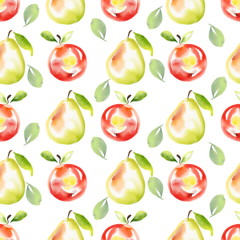 Fruit seamless pattern 6. Watercolor apples and pears. Isolated on white.