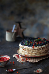 Russian crepe cake with black and red caviar 
