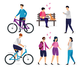 group young people with bike and icons vector illustration design