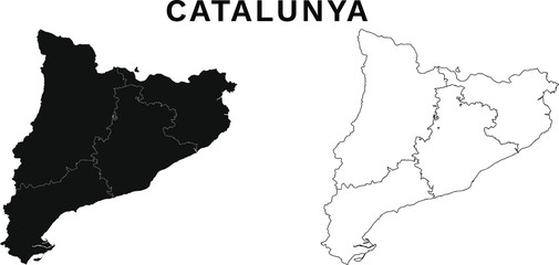 Catalonia Map Vector - Blank Map of Catalonia Spain Municipality With Province Border Black Silhouette and Outline Isolated on White