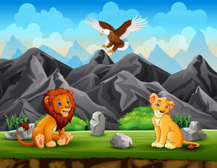 Obraz na płótnie Canvas Two lion and eagle enjoying the nature