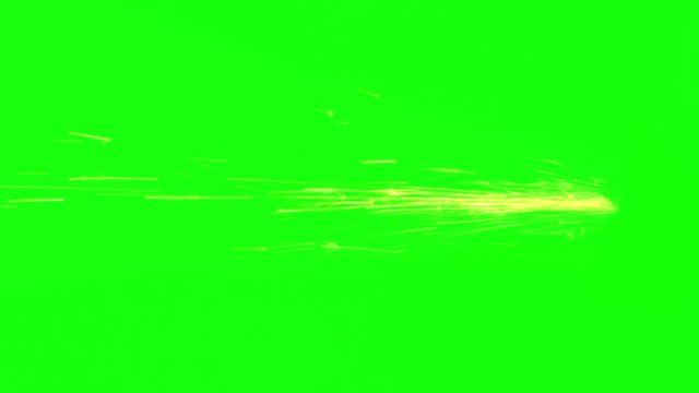 bright sparks fly horizontally from the back point on the green screen